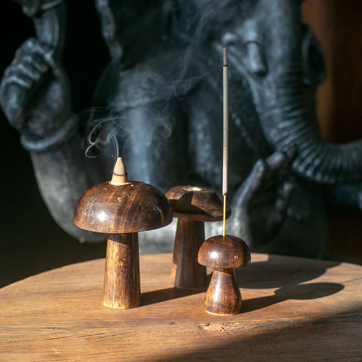 Rustic Wooden Mushroom Candle Holders Set - 3 - Piece Decorative Incense Cone Holders (10cm, 9cm, 8cm) with Dark Wood Finish - SHAMTAM.COM