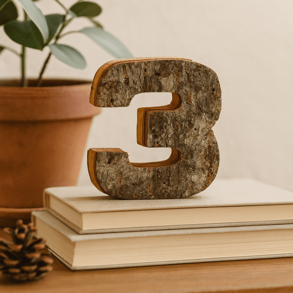 Wooden Number 3 Rustic Bark, 7 cm - SHAMTAM.COM