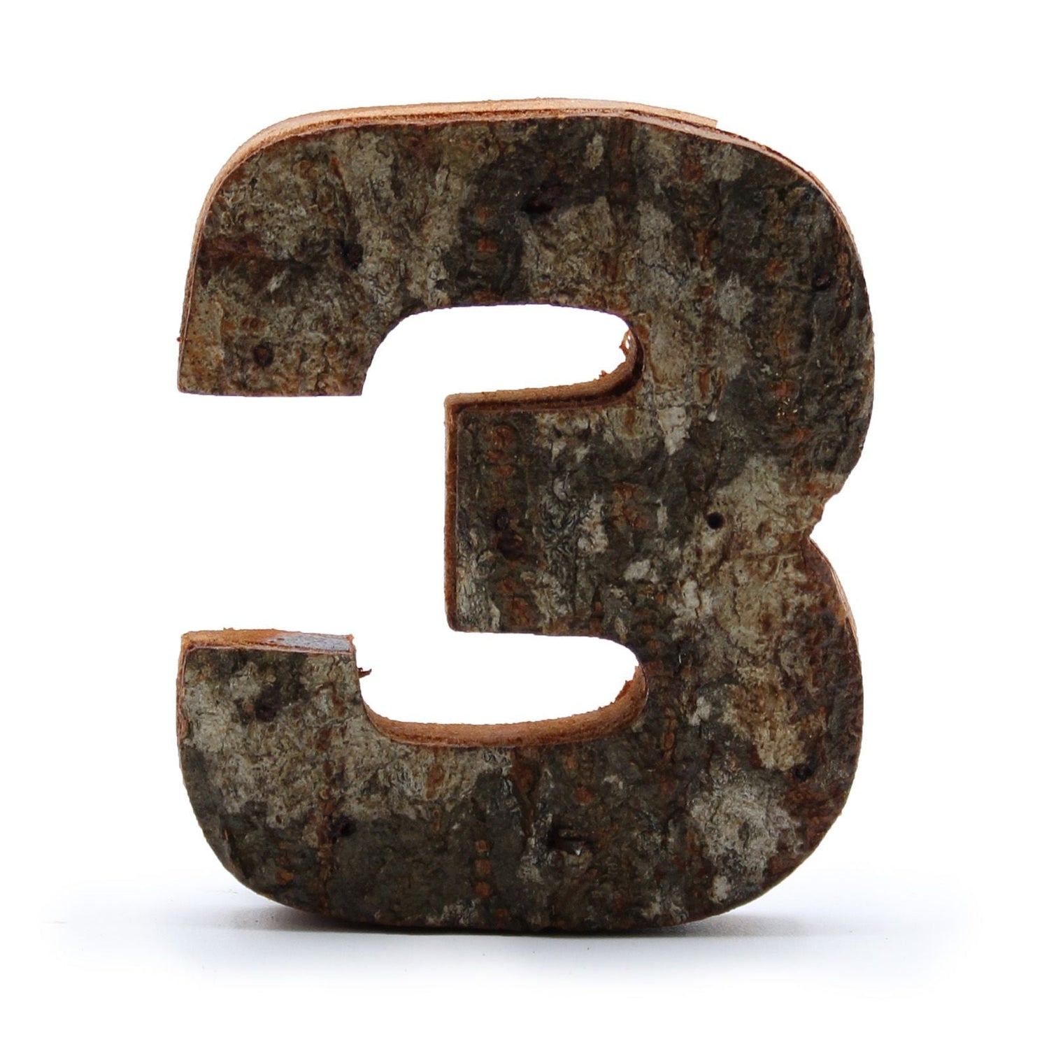 Wooden Number 3 Rustic Bark, 7 cm - SHAMTAM.COM
