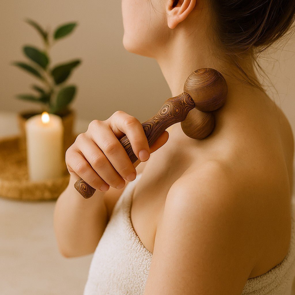 Person using a wooden massage tool on their shoulder with a candle and plant in the background
