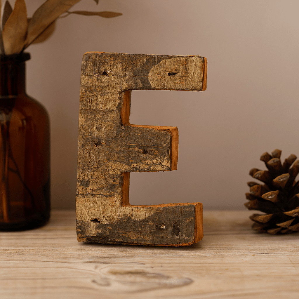 Wooden Rustic Bark Letter E 7 cm - SHAMTAM.COM