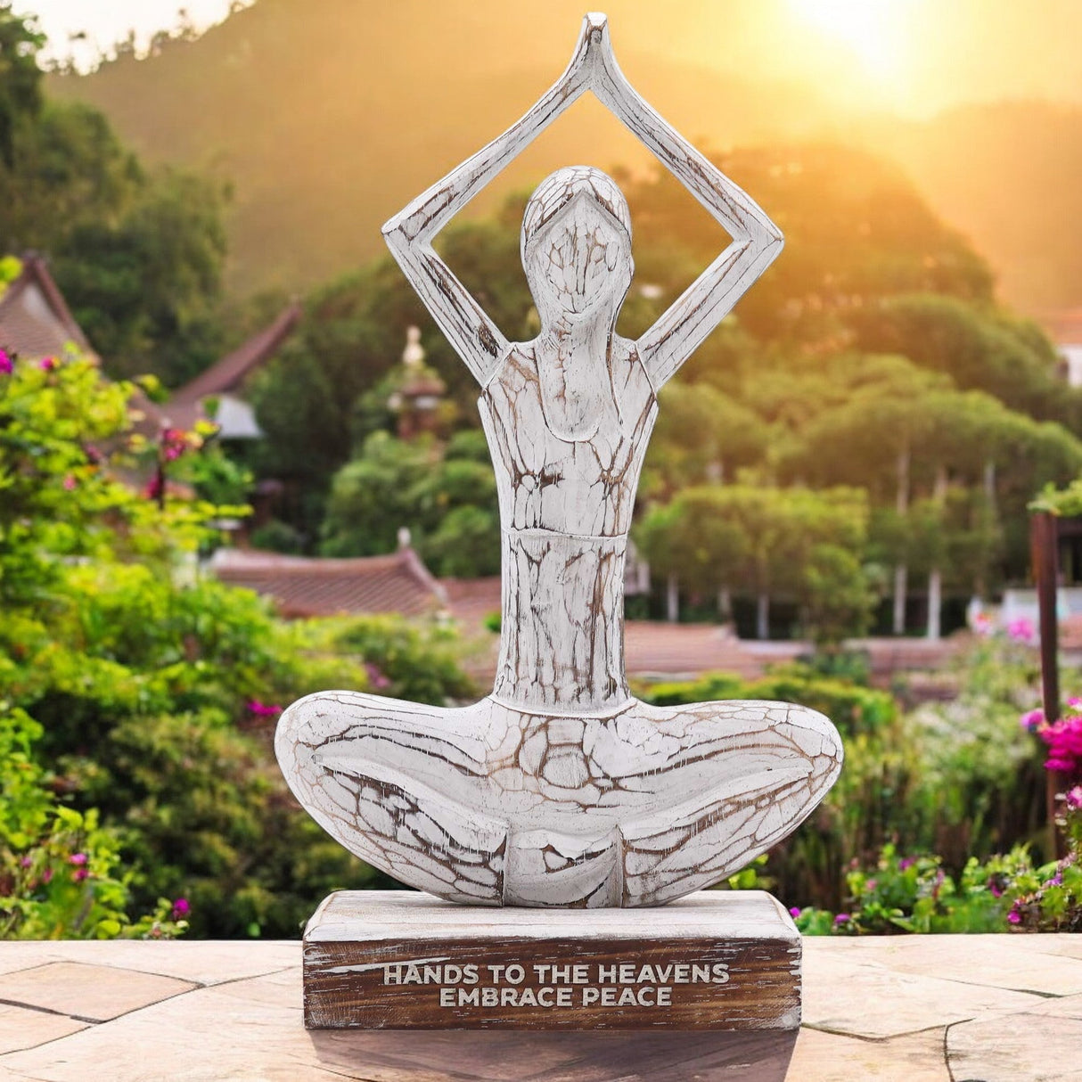 Rustic Whitewash Wooden Yoga Lady Sculpture - Hands Up Pose for Tranquil Home Decor - SHAMTAM.COM