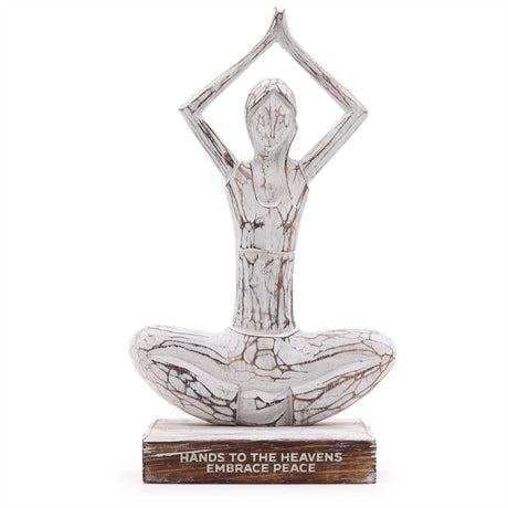 Rustic Whitewash Wooden Yoga Lady Sculpture - Hands Up Pose for Tranquil Home Decor - SHAMTAM.COM