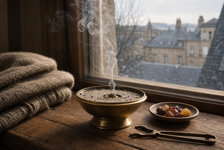 A charcoal disc glowing under ash in a brass burner, with resin tears releasing smoke on a wooden table by a window
