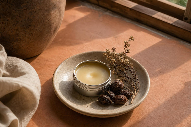 A tin of natural balm with dried kokum seeds and botanicals on a warm terracotta surface in soft morning light