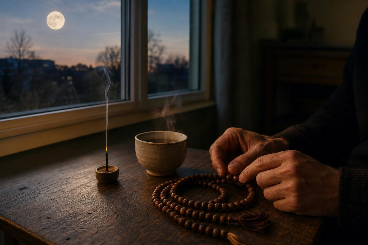 A mala, a cup of tea and rising incense smoke on a table lit by a full moon through a window