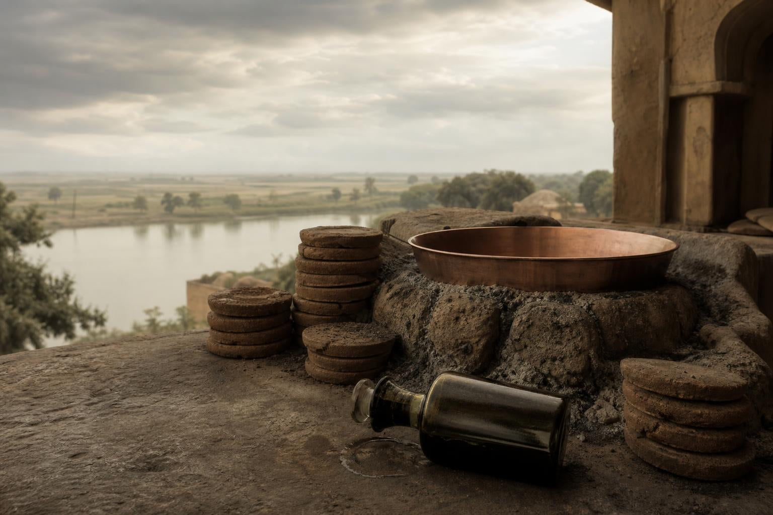 A copper distillation still and fired-clay discs used in traditional mitti attar production in Kannauj, with a dark glass attar bottle on a worn stone surface beneath a pre-monsoon sky.