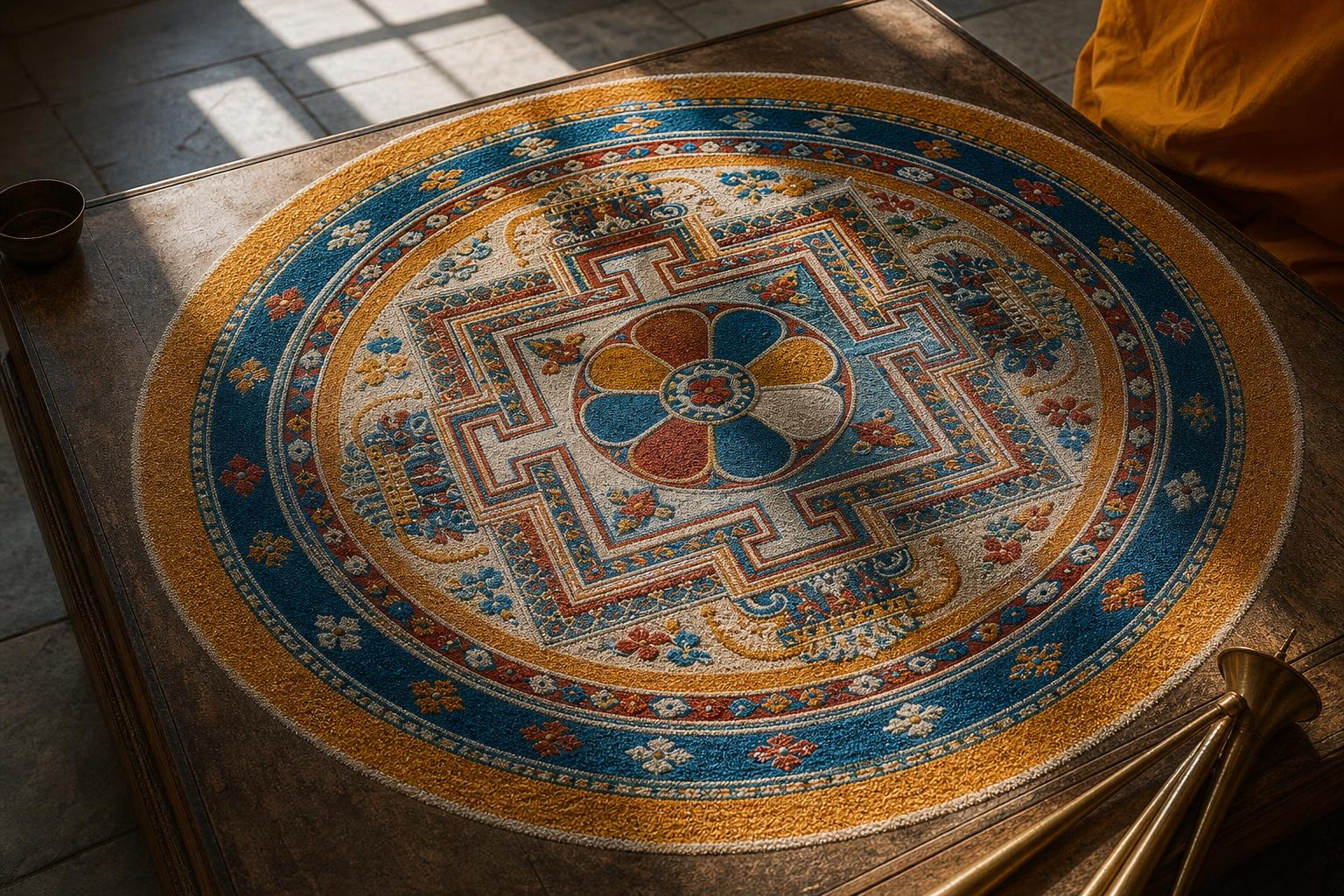 An intricate sand mandala in progress on a wooden table, vivid mineral pigments in concentric geometric rings, lit by raking morning light