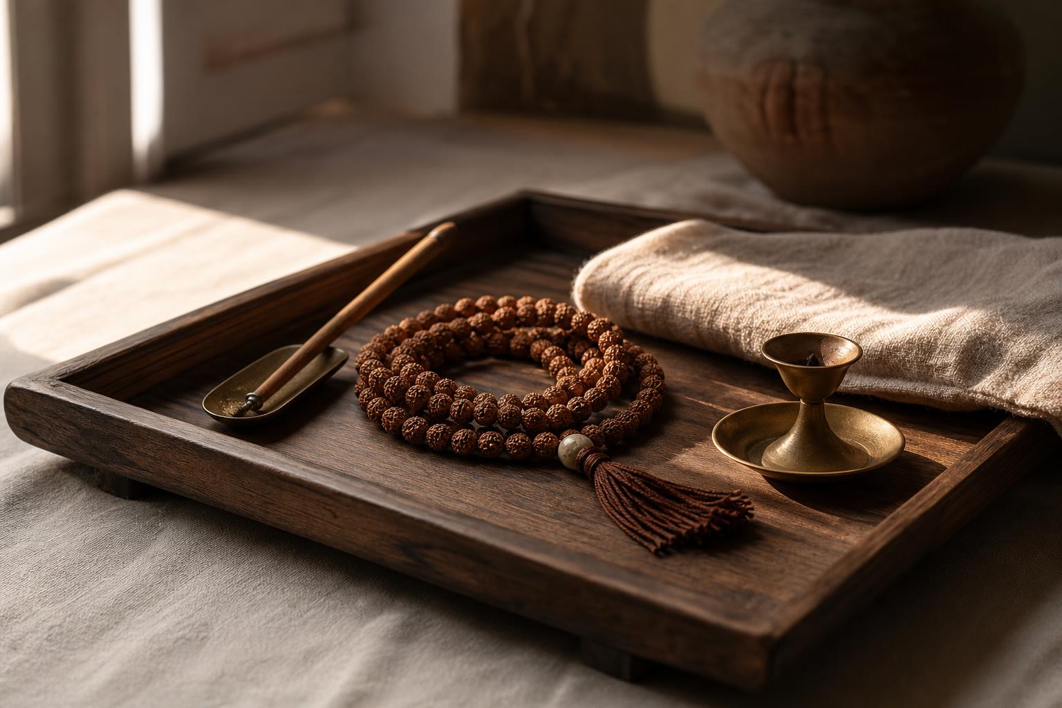A rudraksha mala, sandalwood incense, and small candle holder arranged on a wooden tray in morning light.