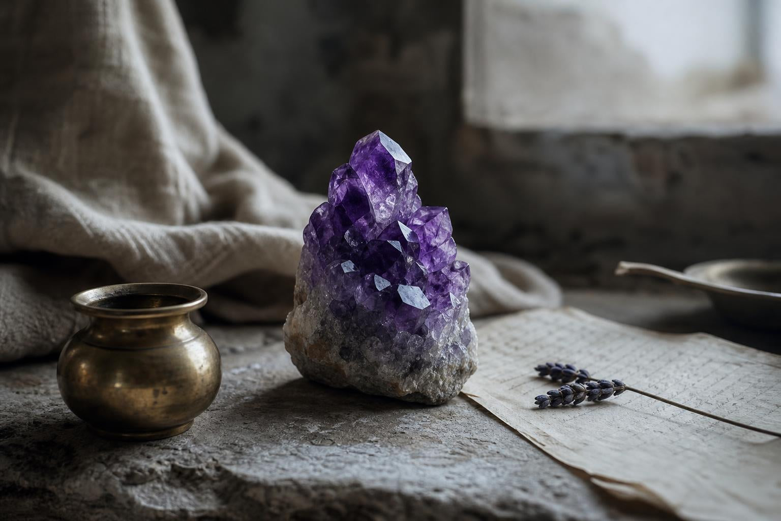 Natural amethyst crystal cluster on a stone surface with a brass vessel and dried lavender in soft diffused light