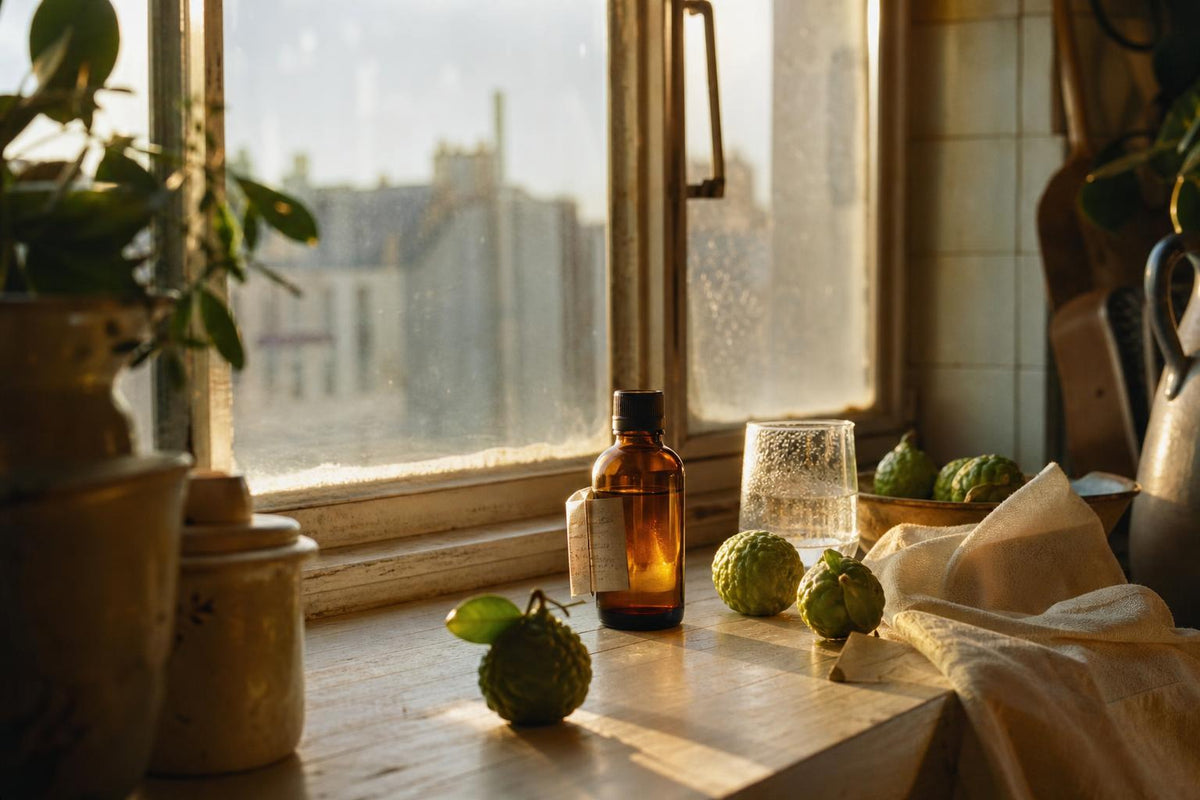 A bottle of bergamot essential oil on a sunlit European windowsill beside citrus fruit