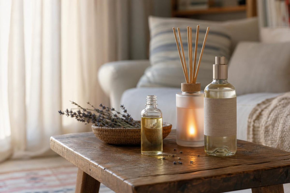 A wooden side table in a European sitting room holding lavender oil, a reed diffuser and dried lavender stems in soft daylight
