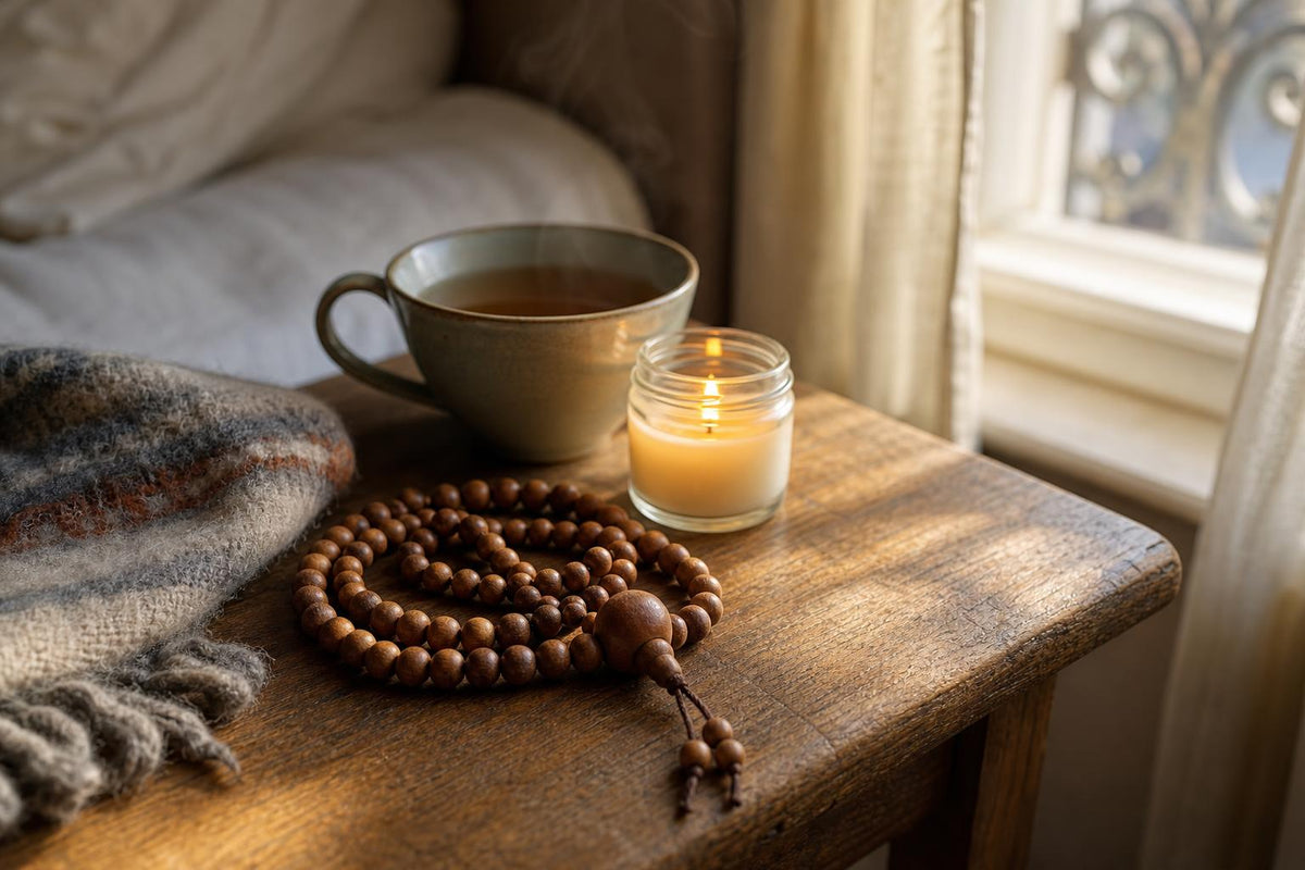 A wooden mala with its guru bead resting on a bedside table beside a lit candle in morning light