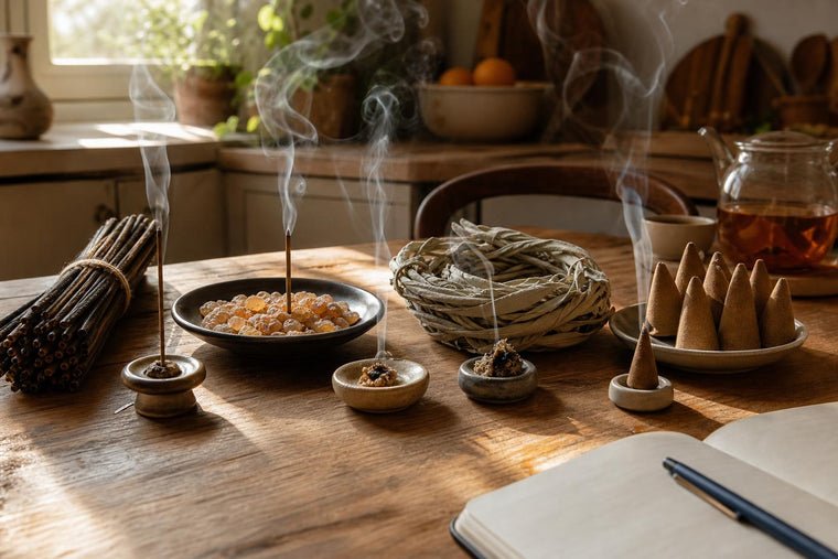 Different types of incense sticks, resin and cones laid out for comparison on a wooden table with smoke rising in soft window light