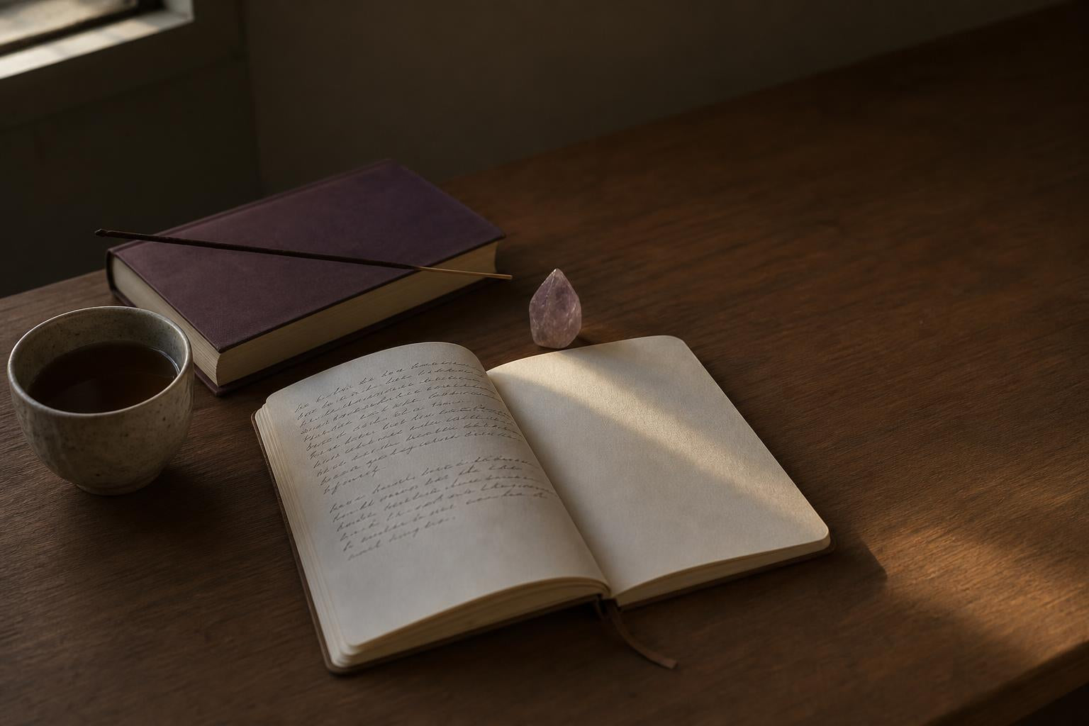 A quiet writing desk in evening light with an open handwritten letter, a rough amethyst point, an unlit incense stick and a cup of cold tea.