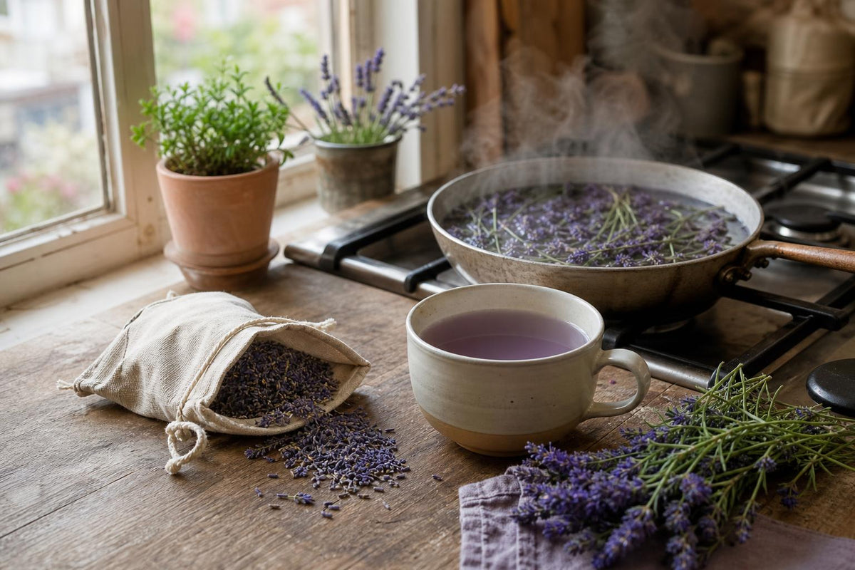 A linen lavender sachet, a simmer pot, and a cup of lavender tea on a European kitchen windowsill in soft daylight