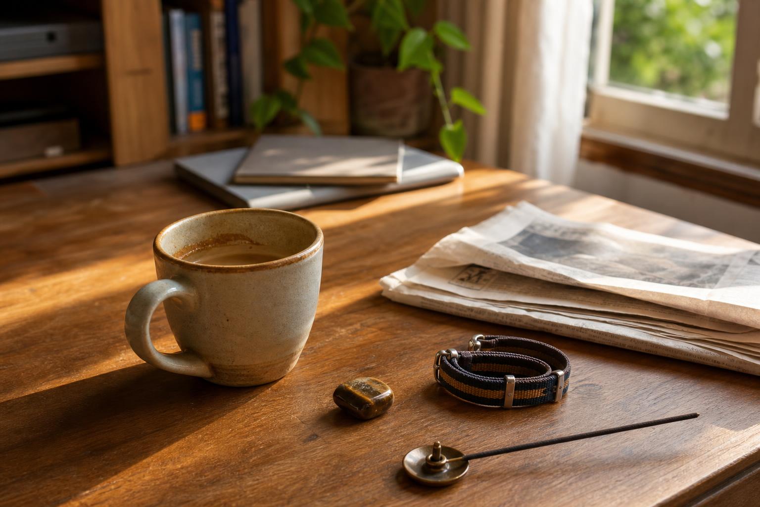 A tiger's eye stone, a bracelet, and an incense stick arranged on a wooden desk in warm afternoon light