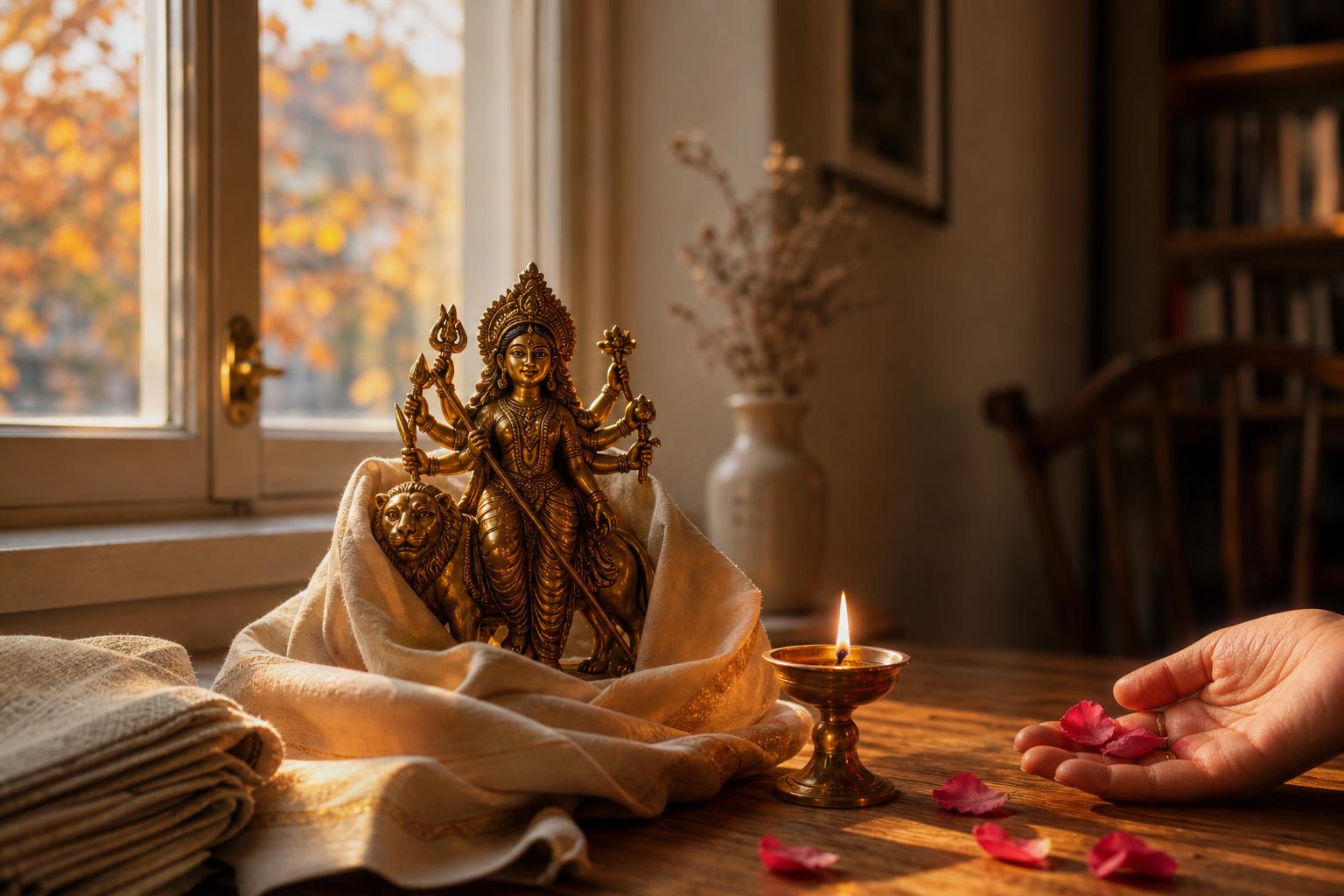A small brass Durga statue being unwrapped from its cloth on a windowsill table, lit by morning light, with a small lamp burning beside it
