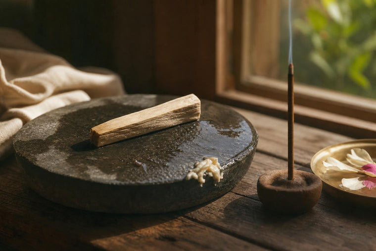 A sandalwood stick on a wet grinding stone with a curl of fresh paste, soft morning light, and a thread of incense smoke rising in still air.