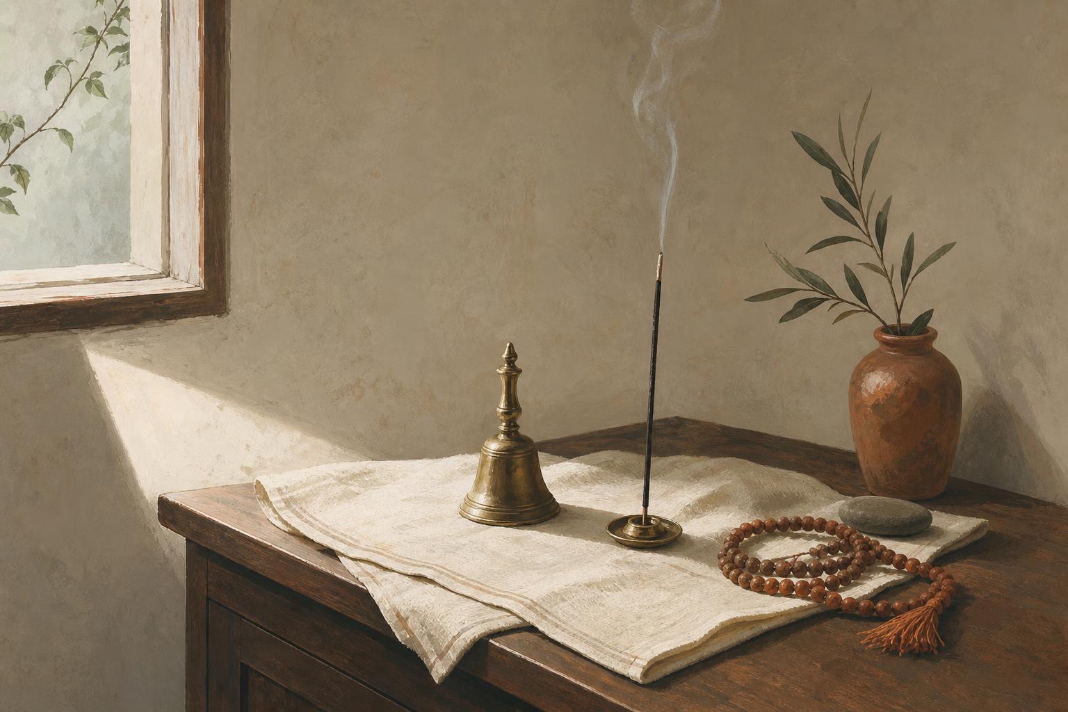 A spare morning altar on a folded cloth — brass bell, incense smoke, and a mala in cool early light