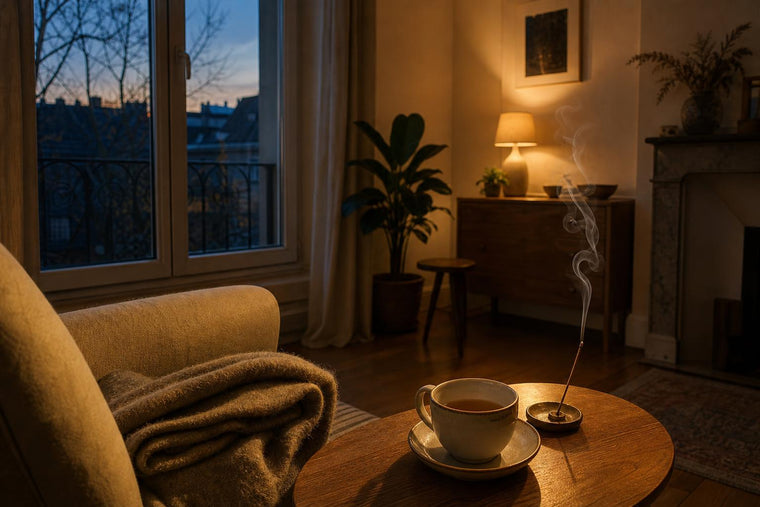 A cooling cup of tea and a thin curl of incense smoke beside a window at dusk in a quiet European sitting room