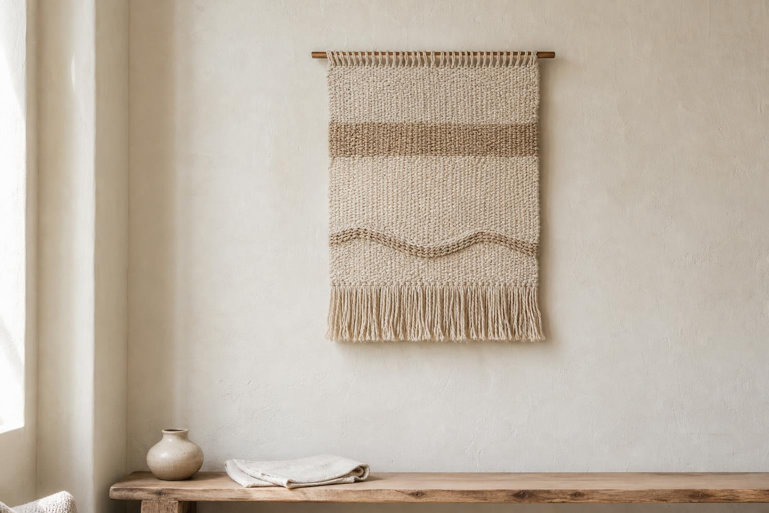 A single hand-woven cotton wall hanging on a lime-washed wall, surrounded by generous empty space, with soft morning light from the left