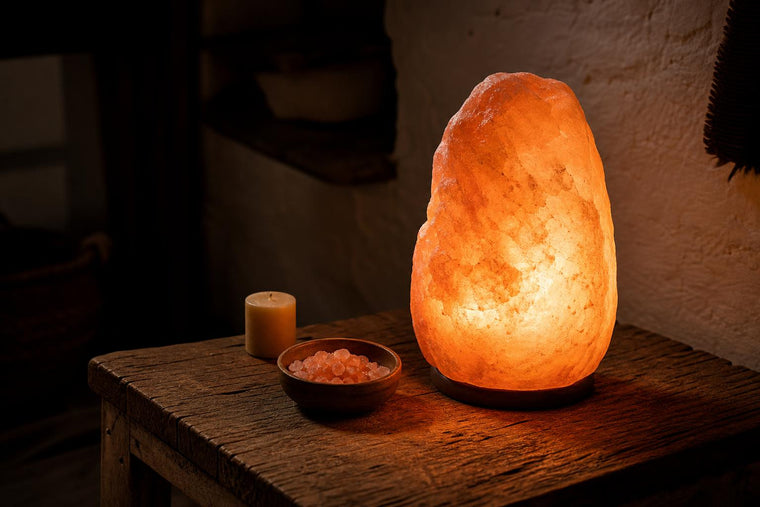 A glowing Himalayan pink salt rock lamp casting warm amber light on a reclaimed wood surface beside a small bowl of pink salt crystals