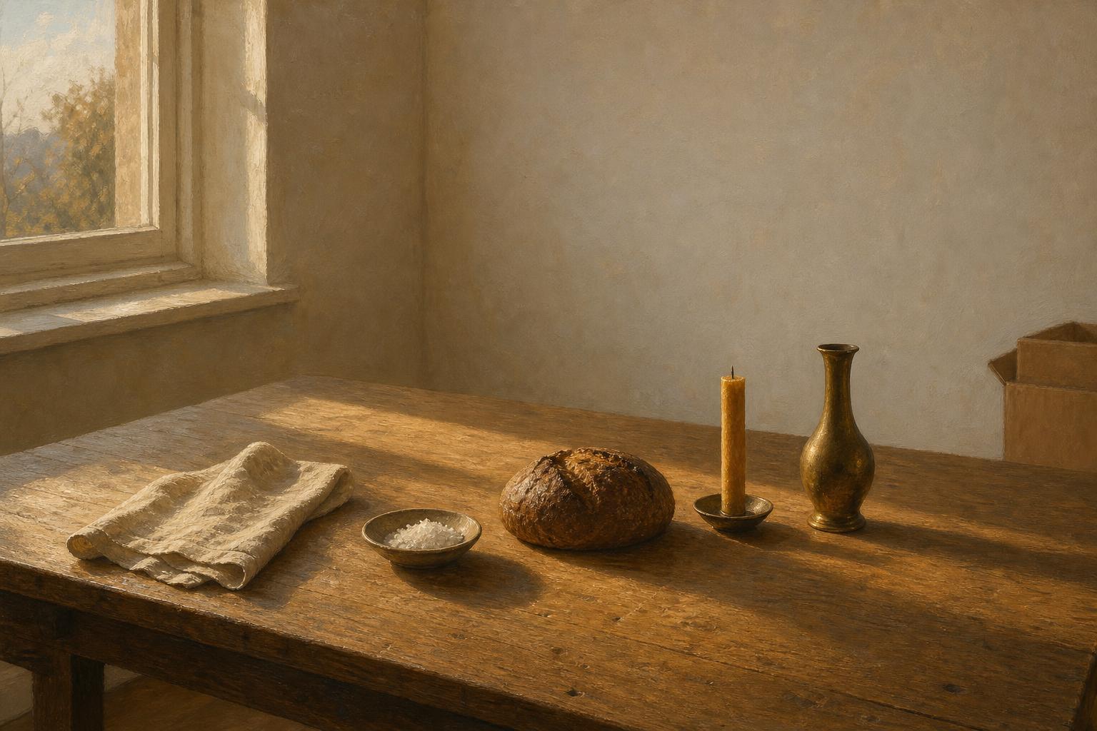 Bread, salt, an unlit candle and a small brass vessel arranged on a wooden table in an almost-empty new flat, late afternoon light across the surface.