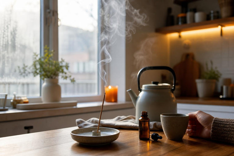 An incense stick burning beside a steaming kettle and teacup on a wooden kitchen table in early morning light