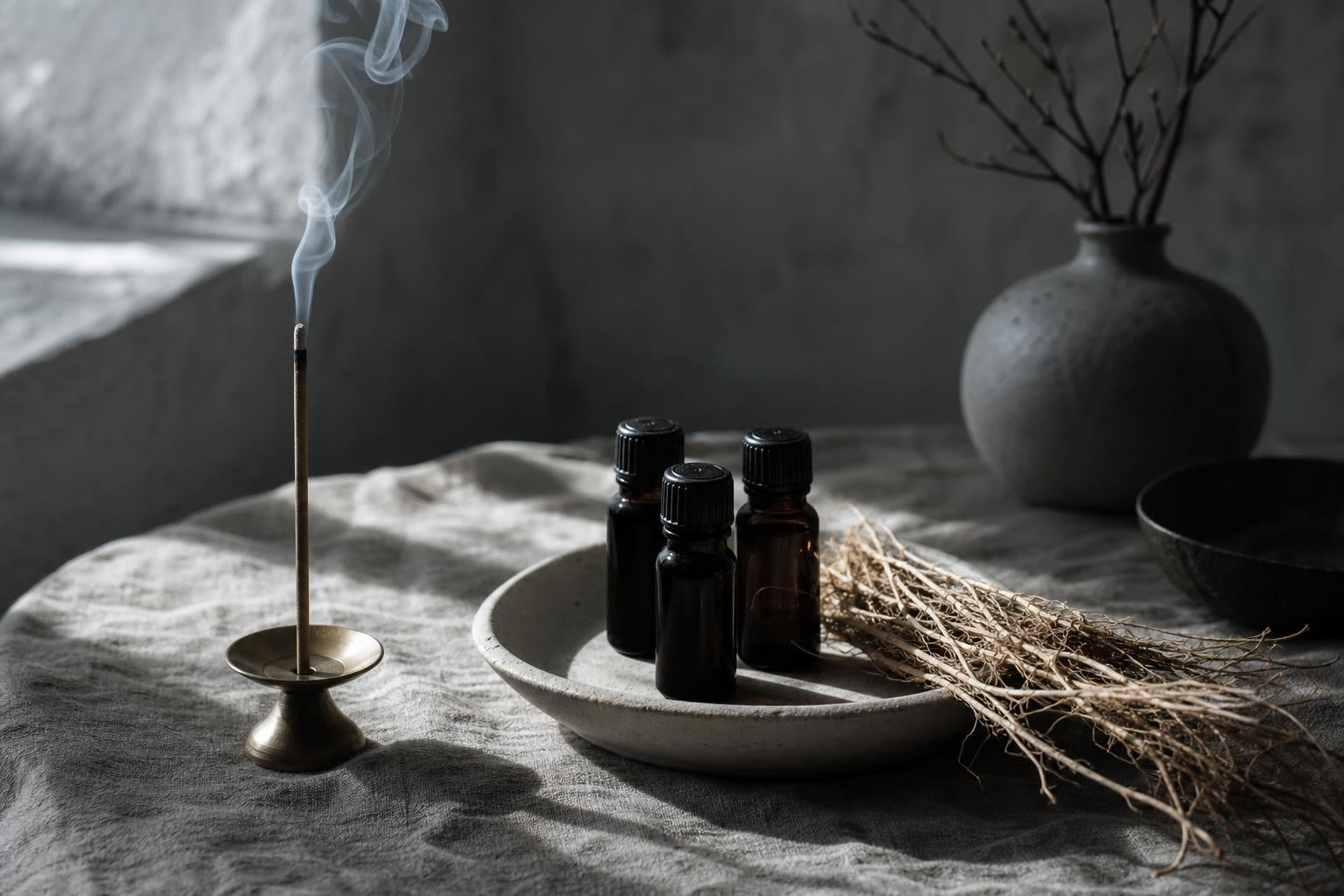 Three dark glass essential oil bottles beside dried vetiver root and a burning frankincense incense stick on unbleached linen, cool north light