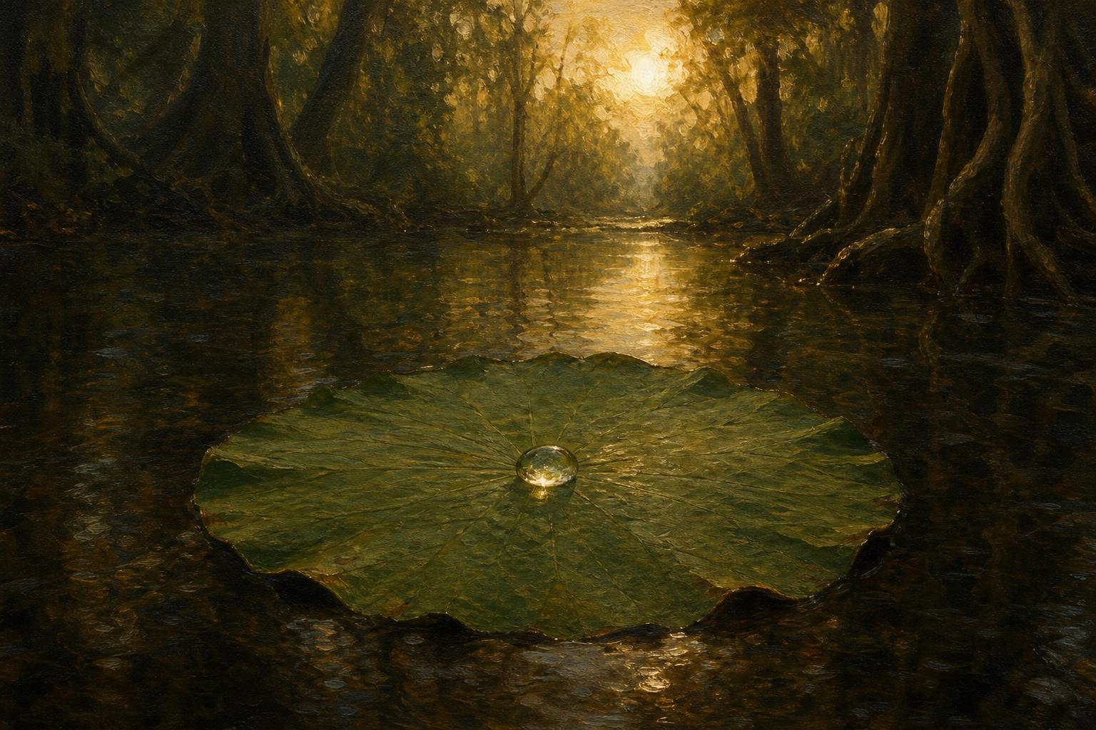 A lotus leaf on still forest water at dawn, a single water droplet at its centre, ancient trees reflected in the surface