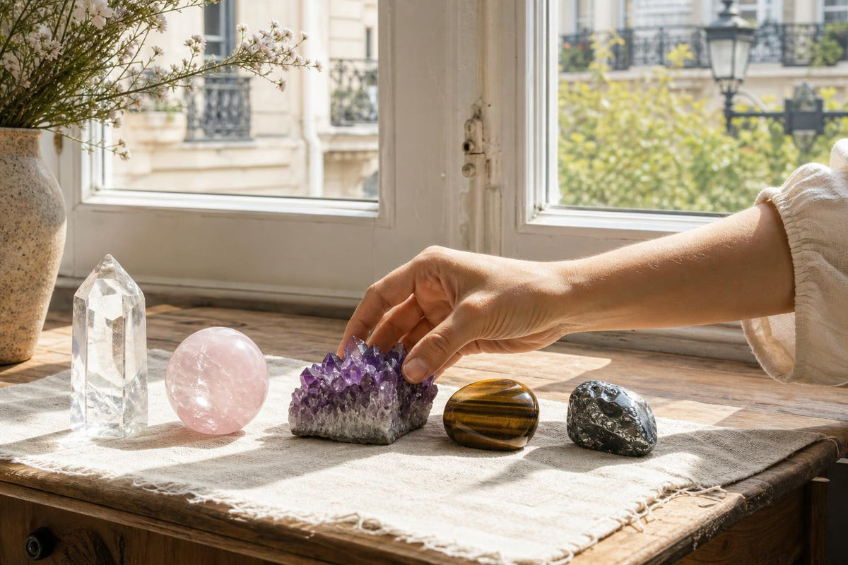 Five crystals arranged by colour on a table in natural window light: clear quartz, rose quartz, amethyst, tiger's eye and haematite