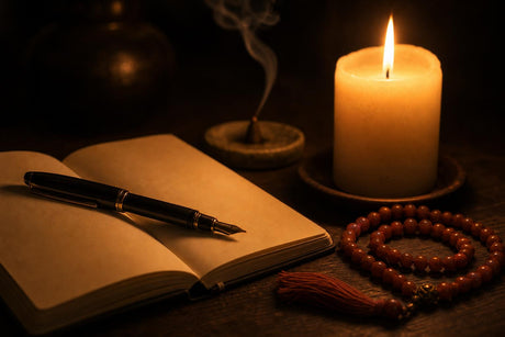 Open journal beside a lit pillar candle, incense smoke, and carnelian mala beads on a dark wooden surface at night