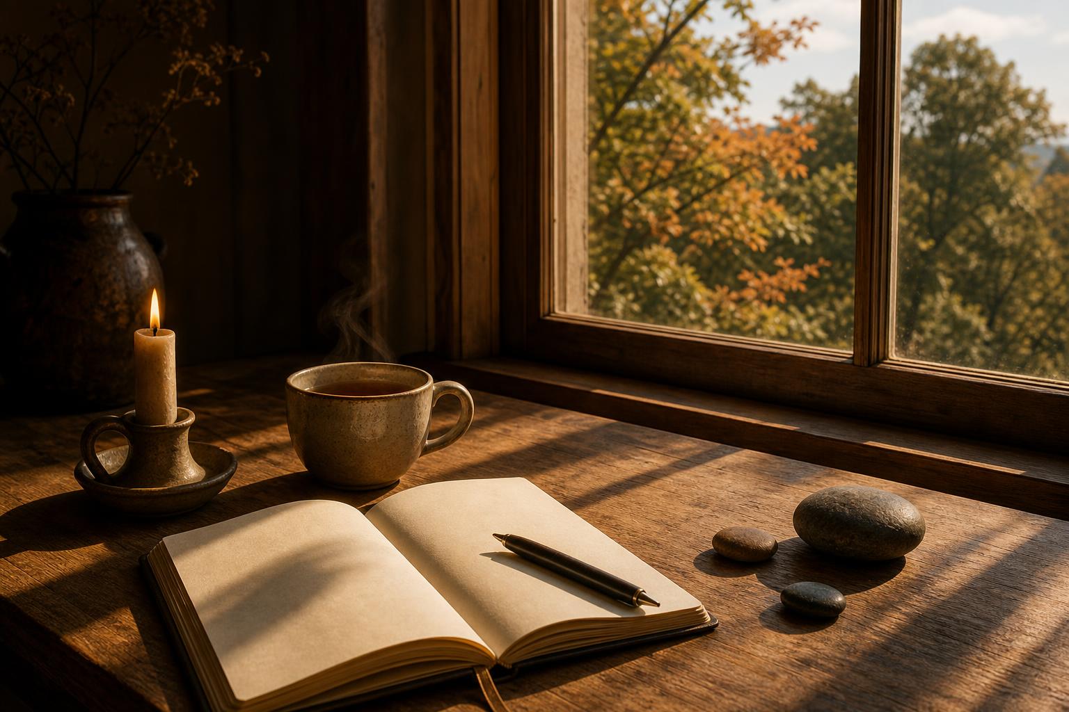 A cleared autumn morning table by a window with a lit candle, tea, an open journal, and grounding stones in soft September light