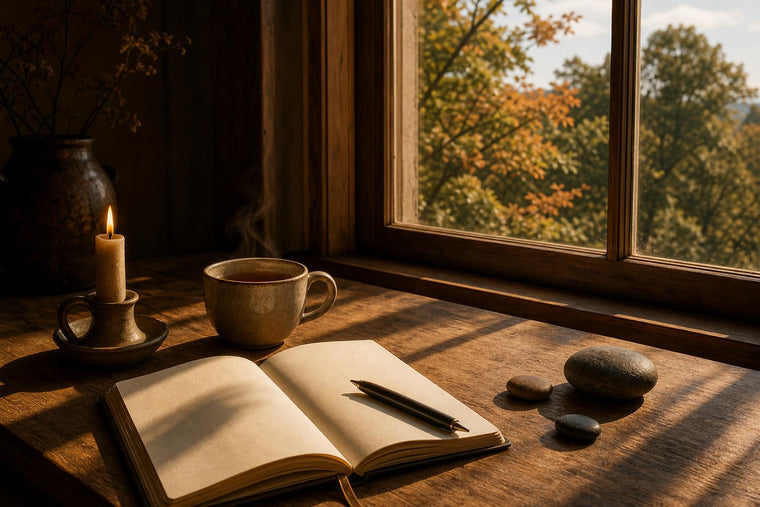 A cleared autumn morning table by a window with a lit candle, tea, an open journal, and grounding stones in soft September light