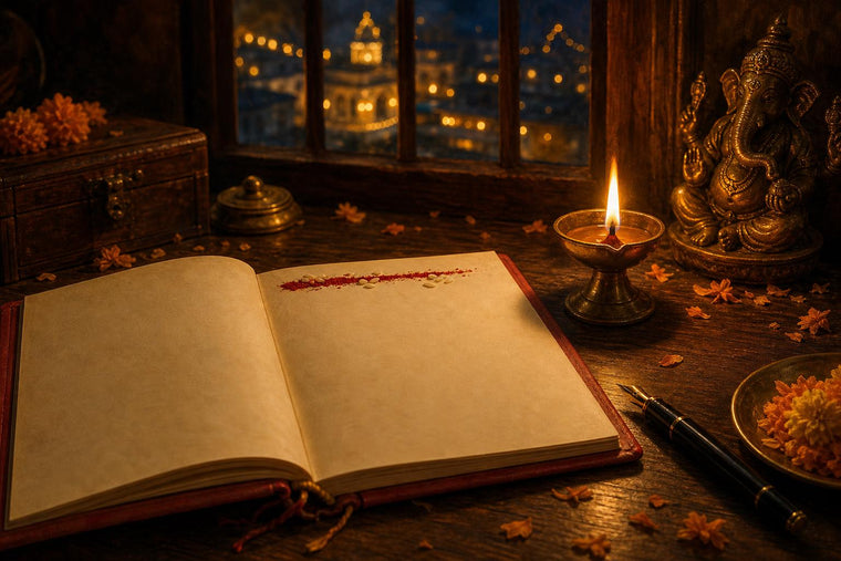 An open red ledger marked with a vermillion line, lit by an oil lamp beside a small brass Ganesha figure, on Diwali night
