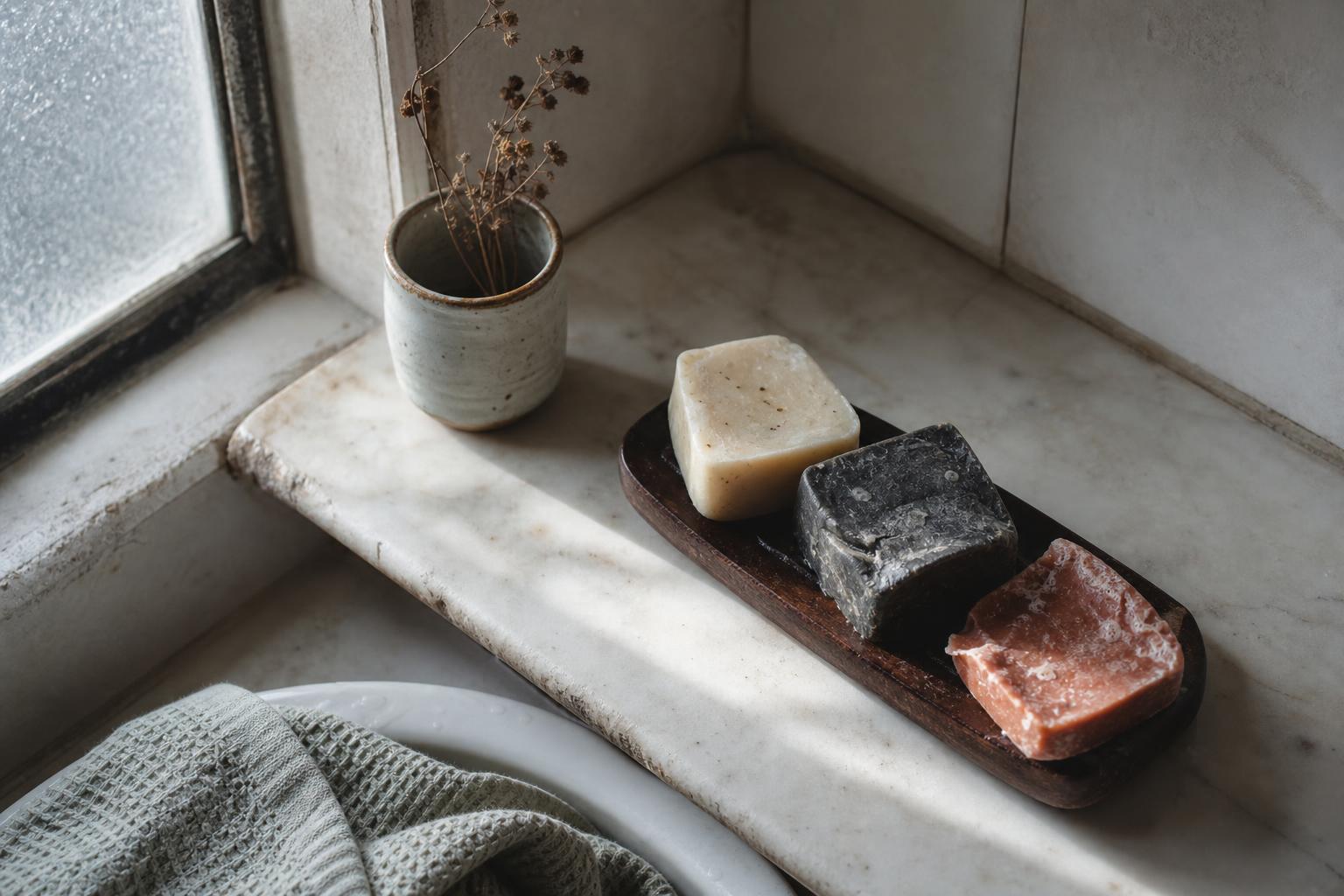 Three handmade natural soap bars on a mahogany soap dish in soft morning bathroom light