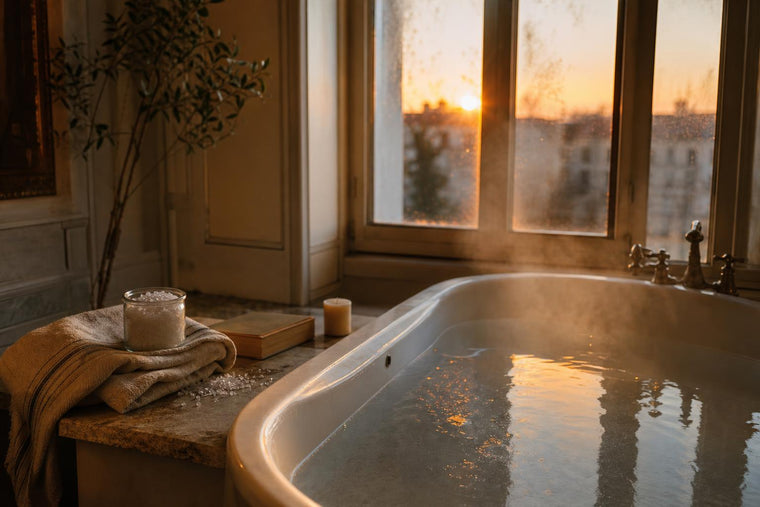 A warm bath filled at dusk with a jar of Epsom salts and a folded towel on the ledge