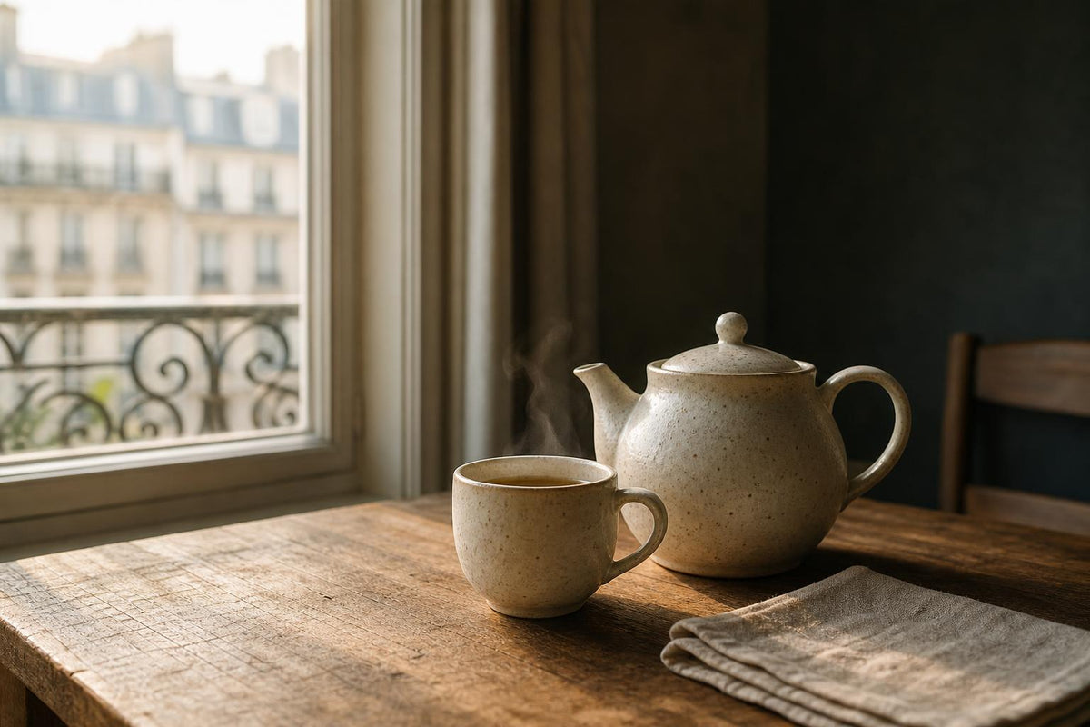 A single teapot and one cup of tea on a wooden table in soft morning light
