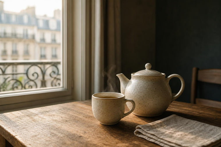 A single teapot and one cup of tea on a wooden table in soft morning light