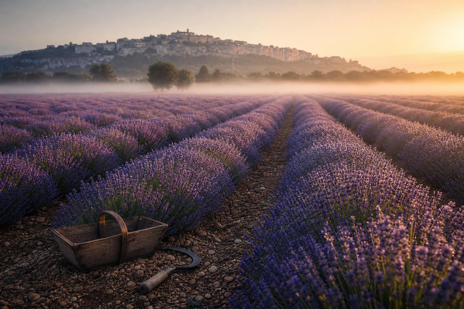 Lavender fields of Provence in full bloom at first light, rows meeting a limestone ridge with a distant hilltop village.