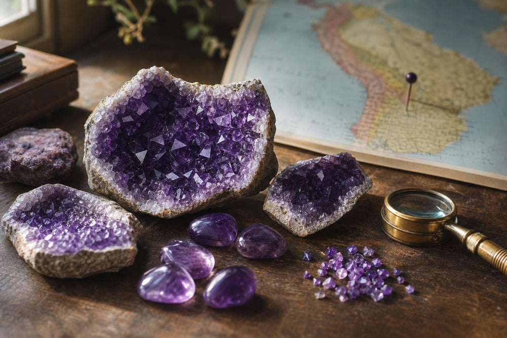 Raw amethyst geode fragments and tumbled stones on a wooden desk with a brass loupe, evoking the stone's journey from mine to study