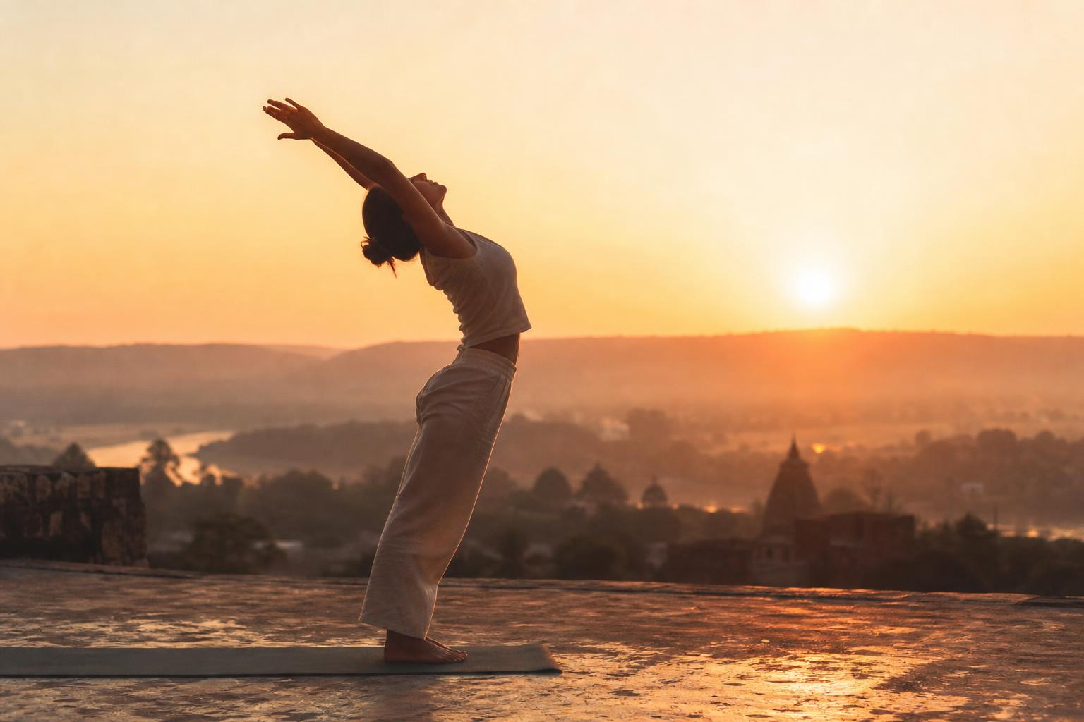 A figure mid-Sun Salutation at dawn, reaching upward toward the rising sun over a still landscape.