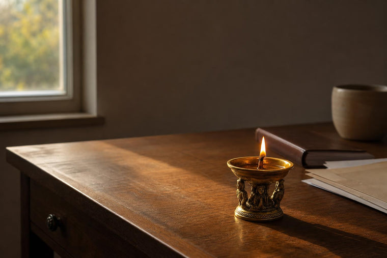 A lit Dhokra brass diya on a wooden desk in morning light, with a notebook and tea cup softly out of focus behind it