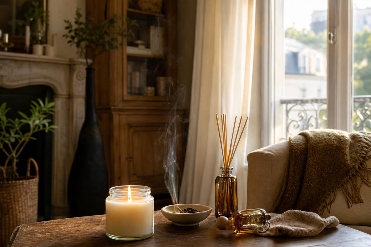A European living room table with a lit candle, incense, a reed diffuser and a perfume bottle arranged together in warm afternoon light