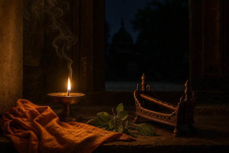 A single lit oil lamp beside a small brass cradle and tulsi leaves at midnight, with faint incense smoke rising into darkness.