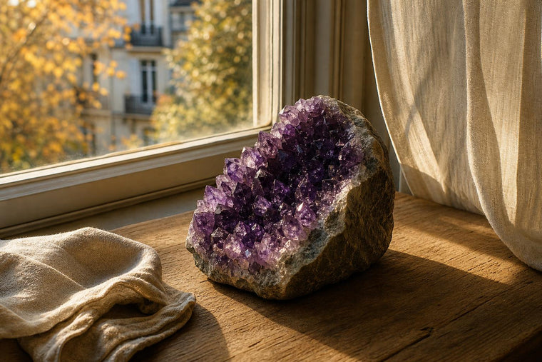 A raw amethyst cluster with violet crystal points and a grey rough rind, resting on a wooden table by a European window in soft afternoon light
