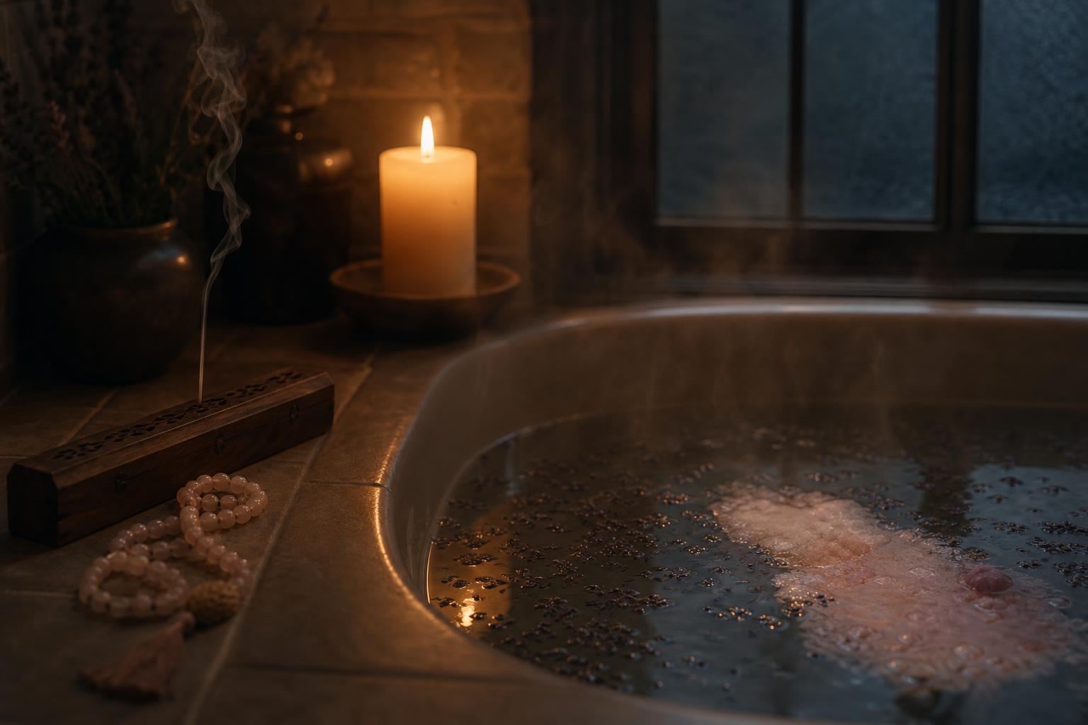 A candlelit bath with lavender bath salts, a curl of incense smoke, and rose quartz mala beads resting on the edge — a slow evening ritual.