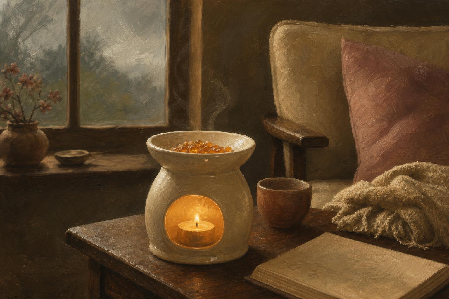 A ceramic oil burner on a wooden side table, its dish holding amber simmering granules softening over a lit tealight, in a quiet domestic corner at dusk.