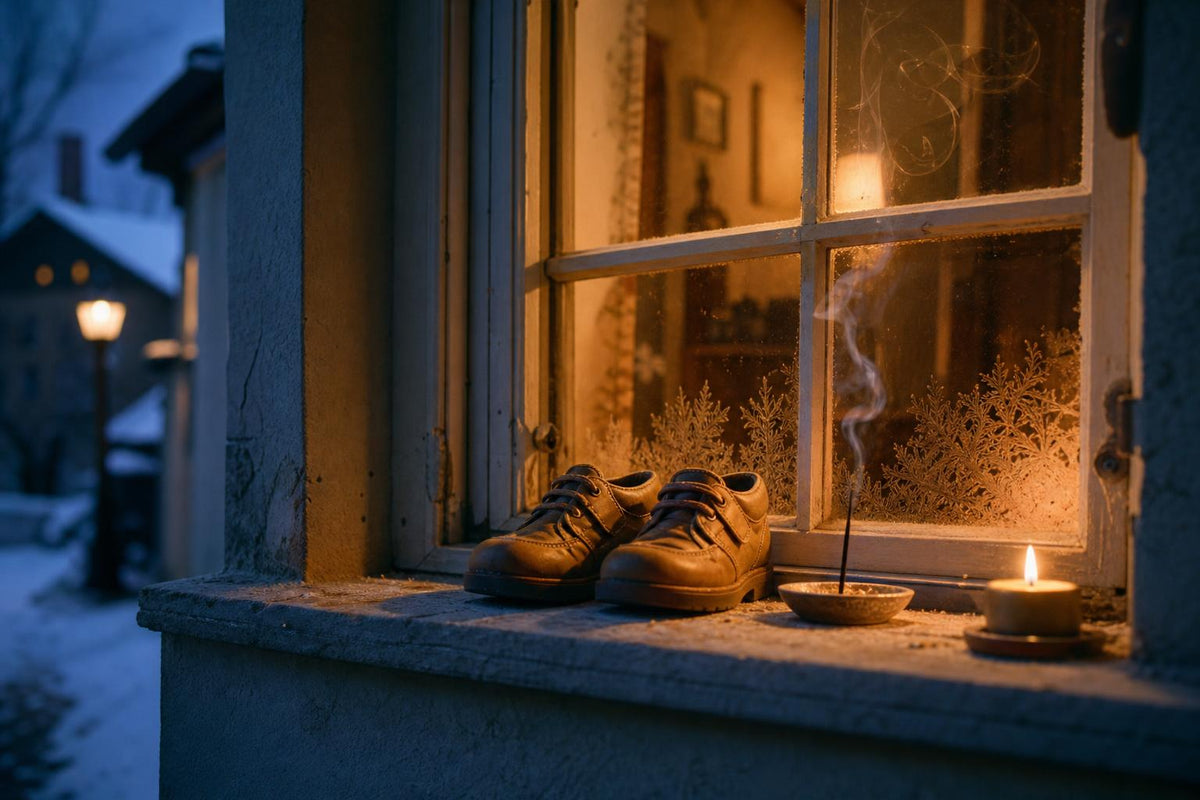 A pair of shoes left on a European windowsill on a winter evening, with incense smoke rising beside a lit candle